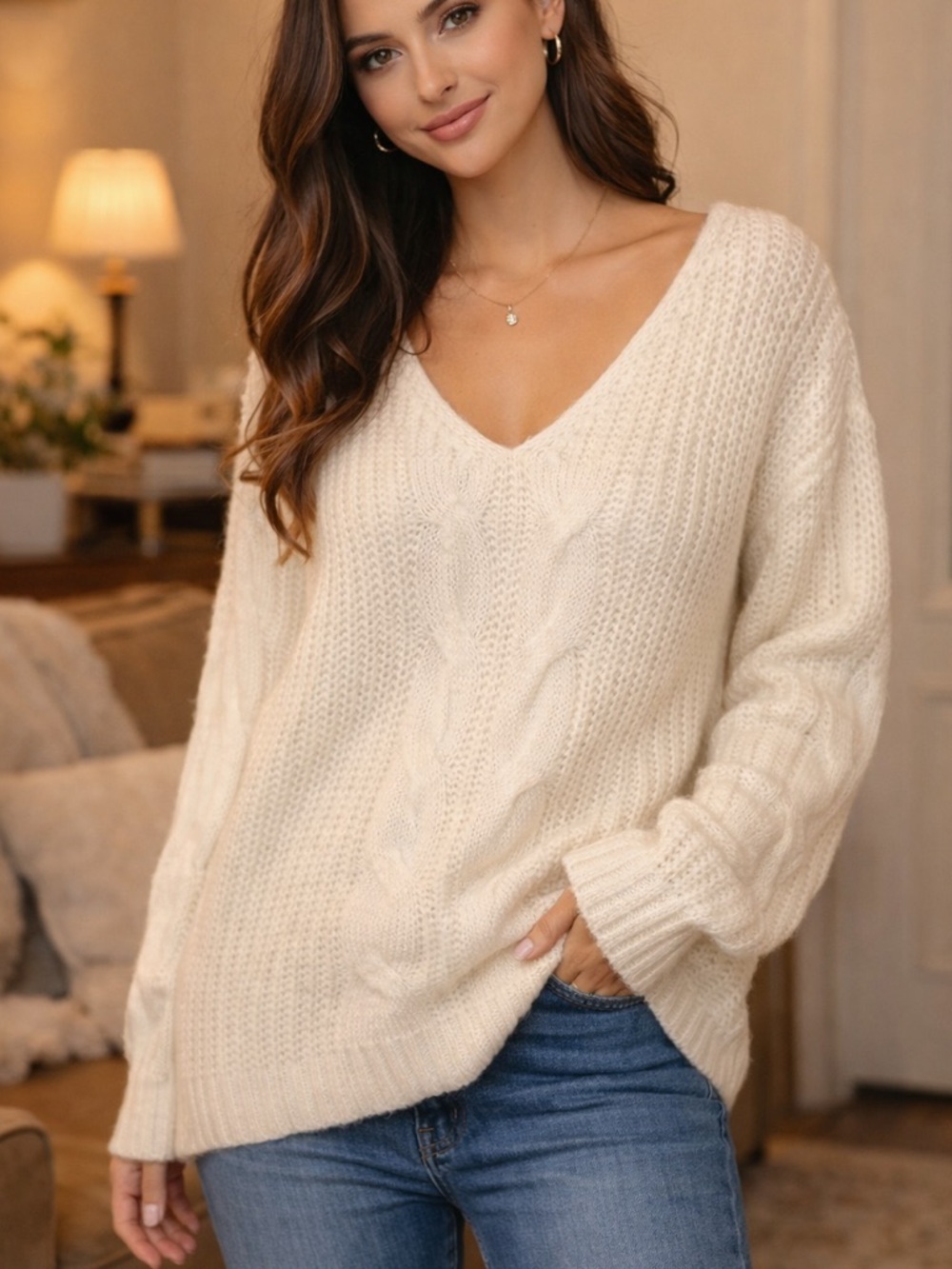 Military Hippie- Cream Cable V-Neck Pullover Sweater Size Small